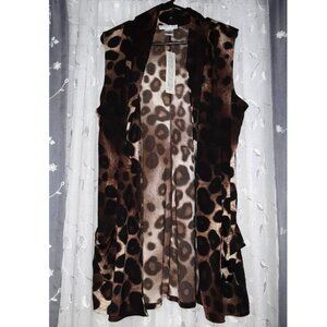 VINTAGE SUZIE Leopard Print Long Vest Sleeveless Duster Open Cardigan Sweater L